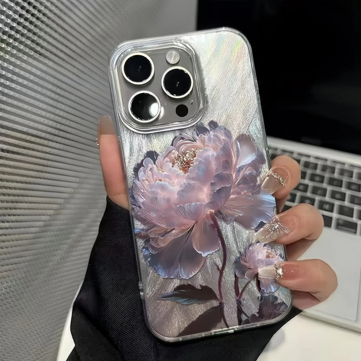 White Lotus Flower Clear iPhone Case with Wrist Strap