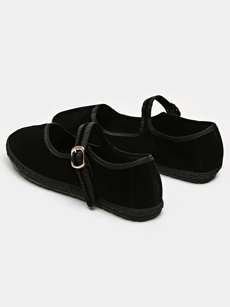 Velvet Mary Jane Flats – Women's Buckle Strap Ballet Shoes