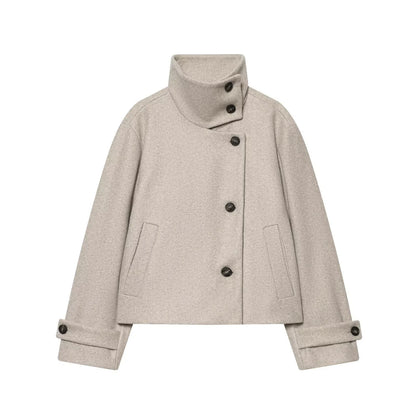 Women's Stand Collar Button Wool Blend Short Coat – Loose Casual Winter Jacket