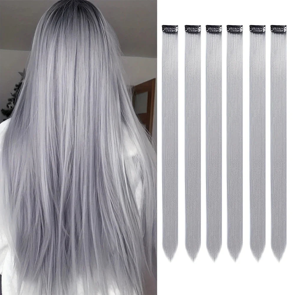 Clip-In Hair Extensions 6pcs – Colorful Highlight Streaks with Tinsel, 22 Inches