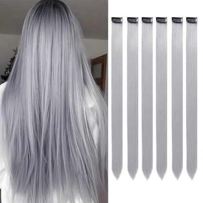 Clip-In Hair Extensions 6pcs – Colorful Highlight Streaks with Tinsel, 22 Inches