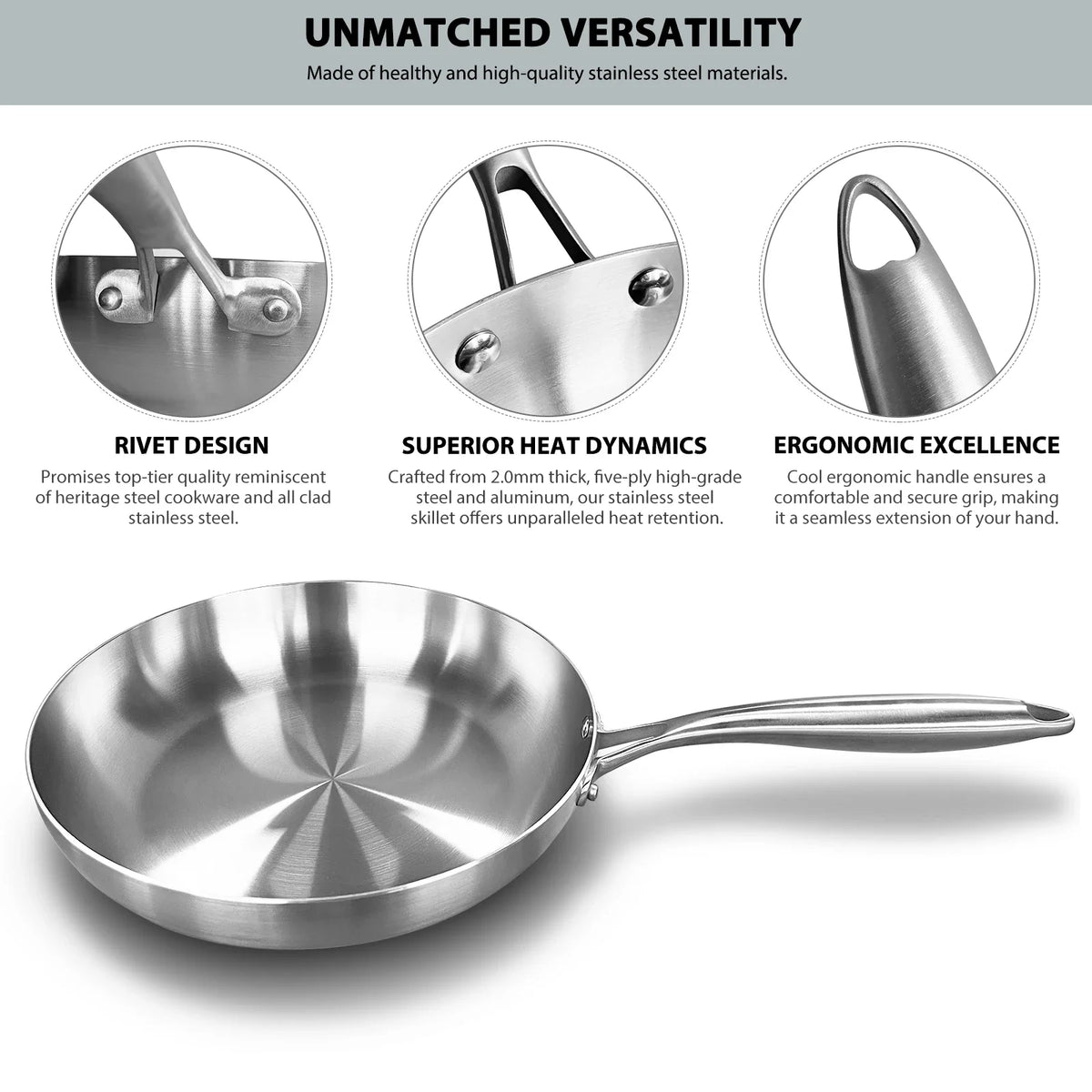 304 Stainless Steel Uncoated Frying Pan – Healthy Cookware for Gas & Induction