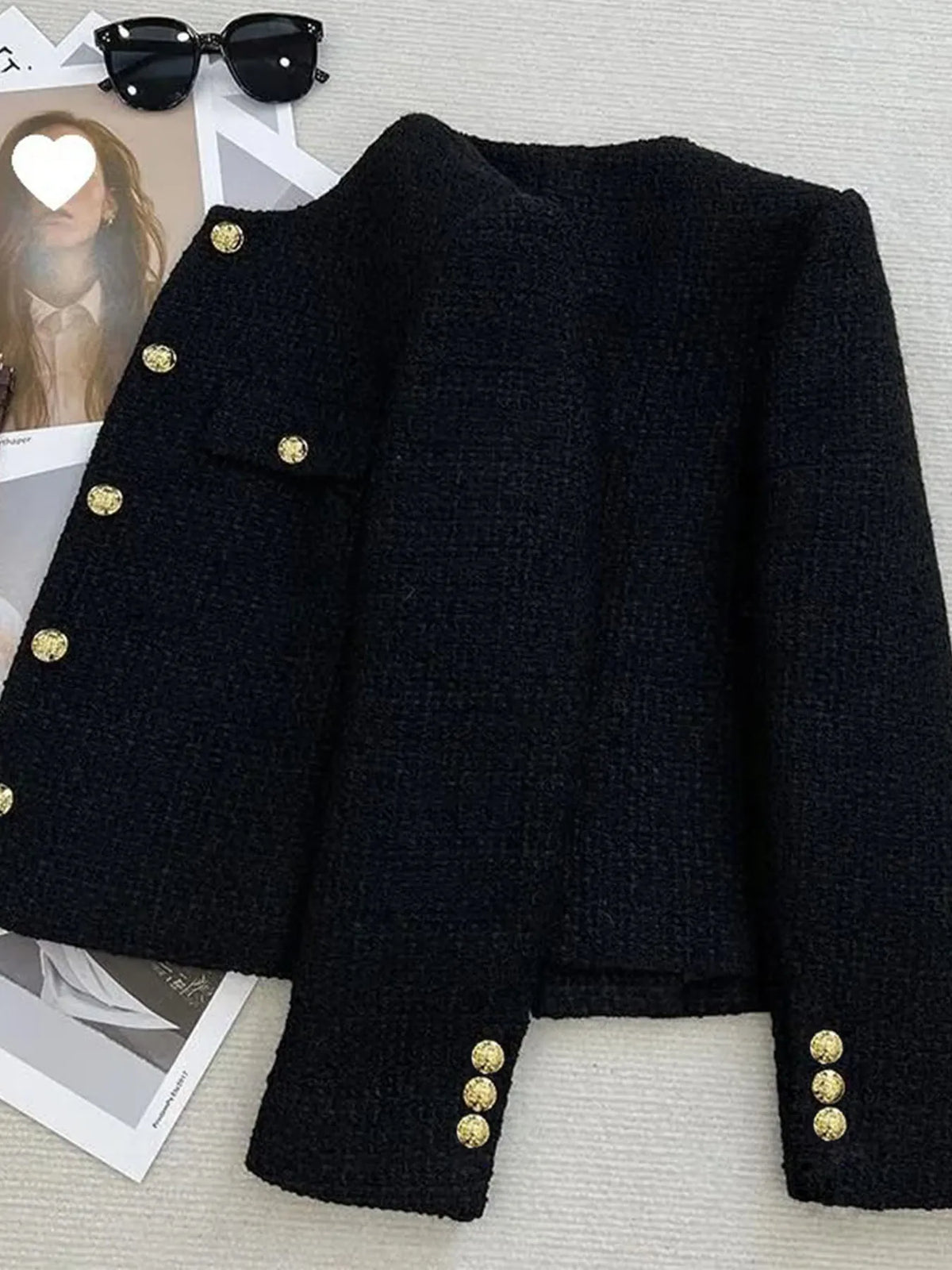 Women's Wool Tweed Short Coat – Gold Button Slim French Style