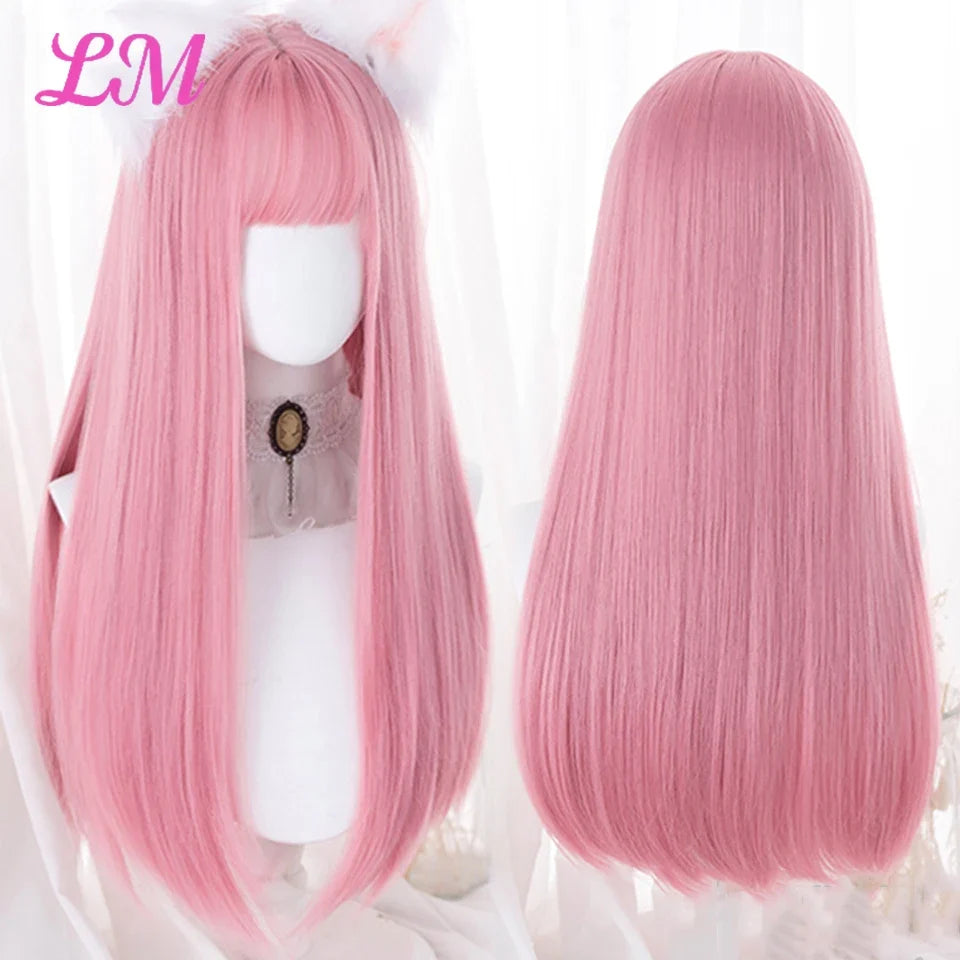 Cosplay Wig with Bangs – Long Straight Synthetic Hair 24 Inch