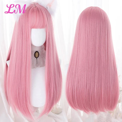 Cosplay Wig with Bangs – Long Straight Synthetic Hair 24 Inch