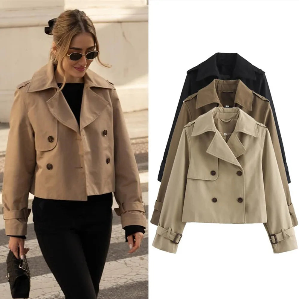 Cropped Trench Coat Women – Vintage Double Breasted Short Jacket