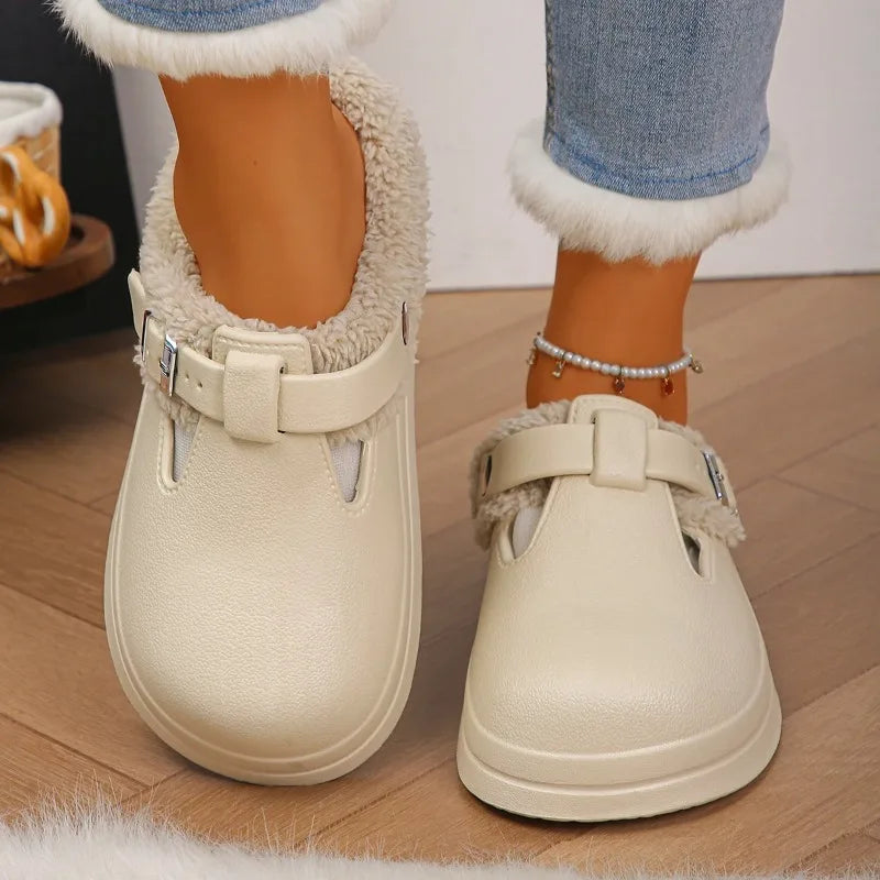 Furry Mule Slippers Women Winter Plush Warm EVA Sole Metal Buckle
