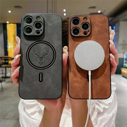 Magnetic Deer Head Leather iPhone Case with MagSafe Wireless Charging