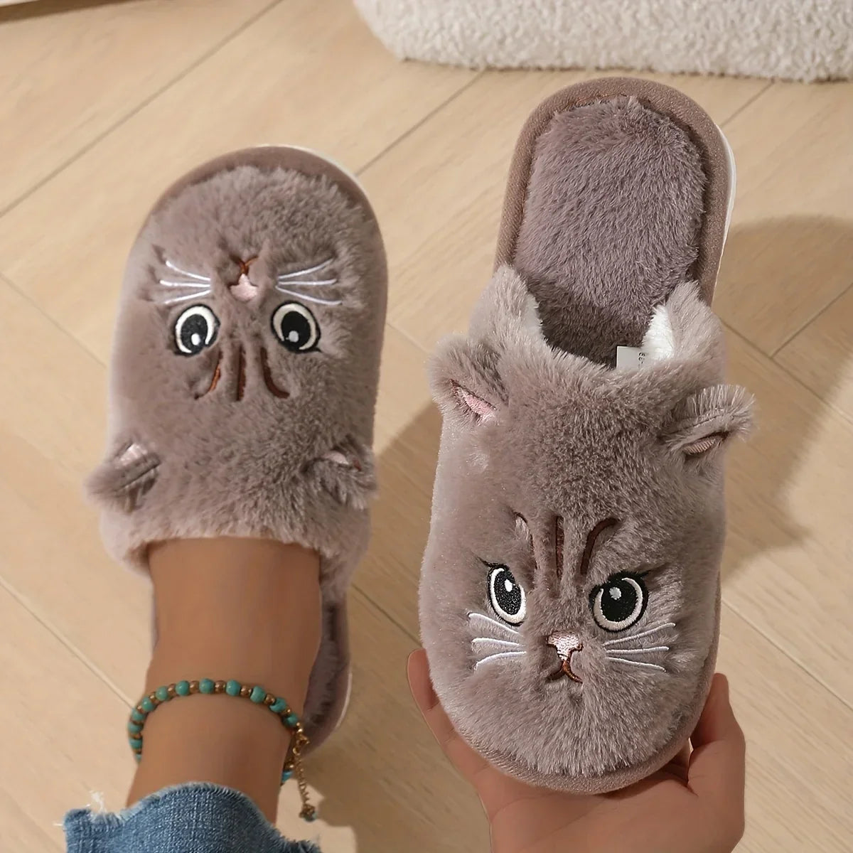Plush Cat Slippers – Cozy Non-Slip Indoor House Shoes for Women