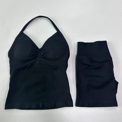 Women's 2-Piece Seamless Workout Set – Backless Tank Top & Scrunch Shorts