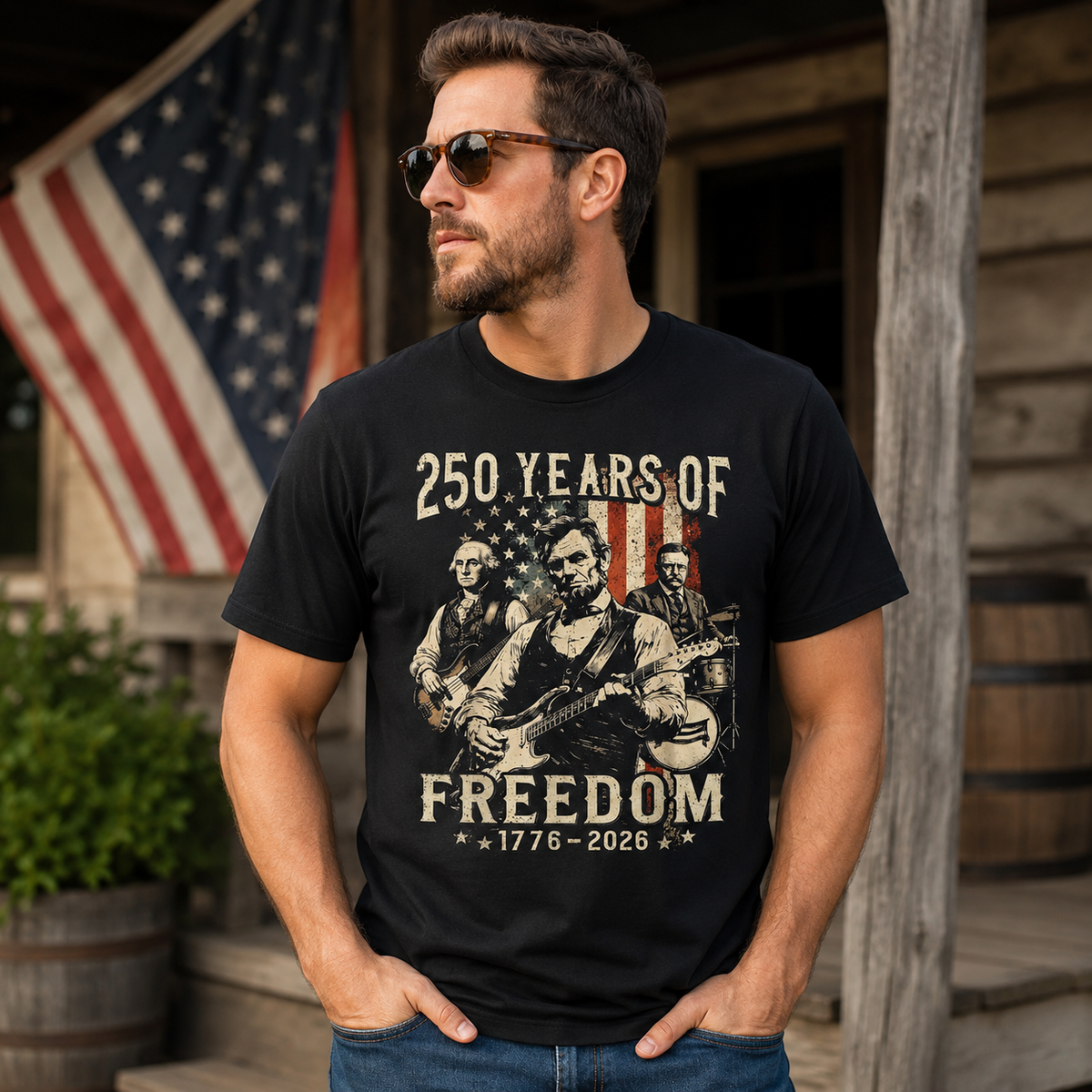 Abraham Lincoln Playing Guitar 250 Years of Freedom 4th of July T-Shirt